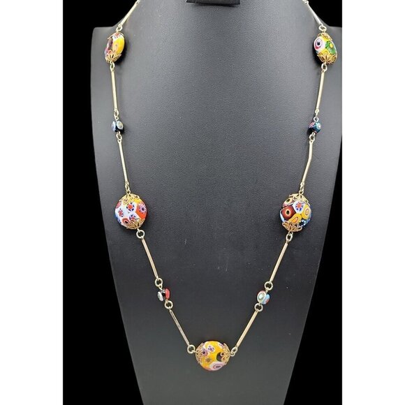 Venetian Murano Millefiori Art Glass Bead Necklace Bar Link Stations 40" Opera - Picture 1 of 16